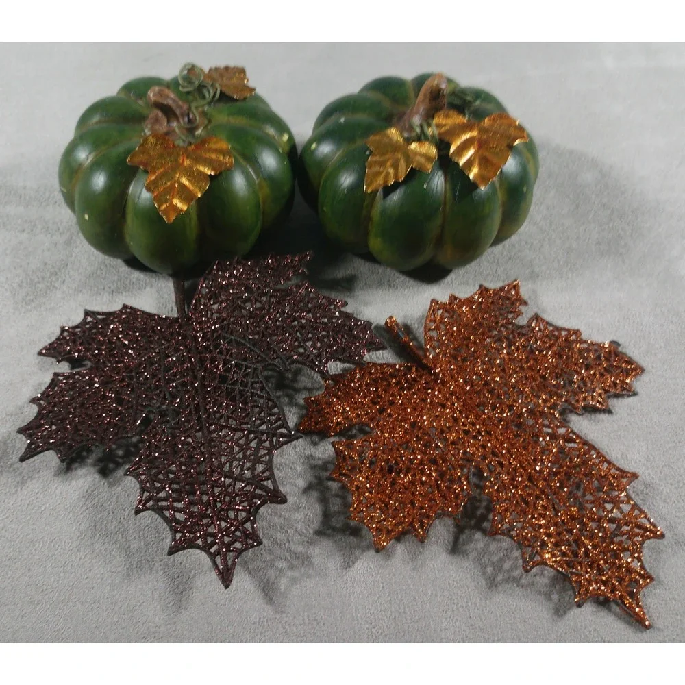 Green Resin Pumpkins and Glitter Mesh Leaf Clips Fall Harvest Decor Set of 4